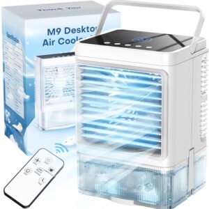 HIFRESH Mini Cooler for Room Cooling, USB Operated Mini Air Cooler with Remote, LED Screen, 90° Rotate, 7-Color Light, 4H Timer, 2 Cool Mist, 800ml Ice